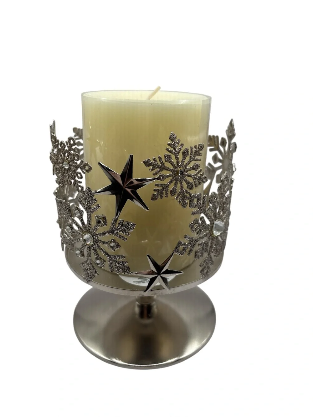 Bath & Body Works Silver  Snowflake Pedestal 3-Wick Candle Holder 6